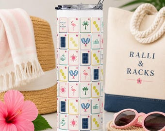 Pickleball Mahjong Tumbler | Pickleball Gift for Women | Coastal Pickleball Cup | 20 oz Stainless Steel Travel Mug | Mahjong Player Gift