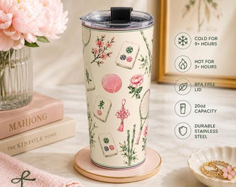 vintage mahjong floral 20 oz | Tasse de voyage en carreaux de mahjong Cherry Blossom