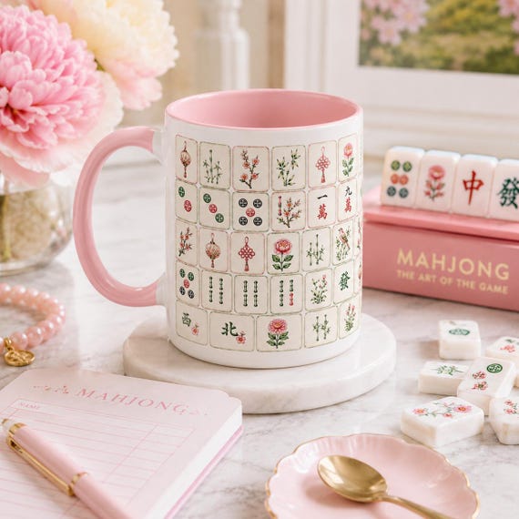 Mahjong Tile Mug | Floral Mahjong Mug | Pretty Coffee Mug for Mahjong Lovers
