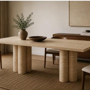 Natural Handmade Aura Travertine Dining Table 75" x 35", Modern Stone Kitchen Table