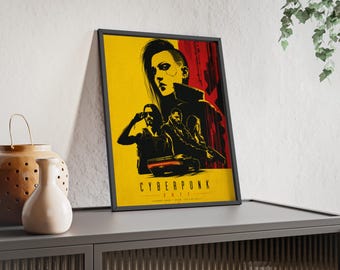 Bold Cyberpunk Retro Futuristic Yellow Red Wall Art, Urban Sci Fi Silhouette Framed Poster, Gaming Room Decor Print, Housewarming Gift