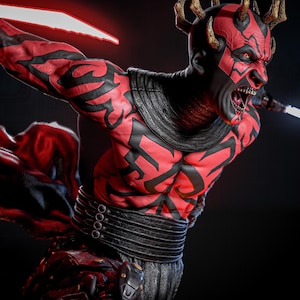 May include: A 1:6 scale collectible figure of a red and black horned character with a snarling expression, featuring intricate black tribal tattoos across the skin, wearing a black textured collar, a wide belt, and wielding a glowing red lightsaber.