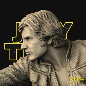 May include: A beige 3D printed bust of a human figure with wavy hair and a textured jacket, shown in profile. The background features yellow outlined text with a starry pattern inside, and a small yellow logo in the corner reads STAR 3D MODELS.