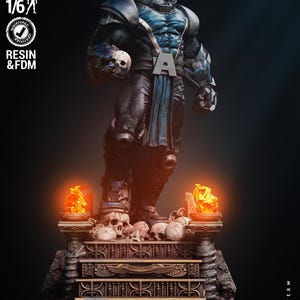 May include: A 1/6 scale resin figure of a muscular character with blue skin, wearing dark armor with a prominent letter A on the belt. The figure stands on a tiered base decorated with skulls and two glowing orange flames on stone pillars.