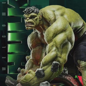 May include: A highly detailed green muscular figure with dark hair and a snarling expression, wearing dark shorts. The figure is positioned in front of a dark green background featuring the vertical text HULK in a bold, blocky, metallic font.