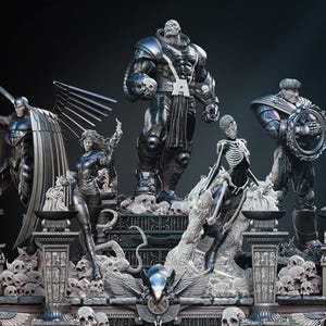 Op de afbeelding: Een 1/6 schaal 3D-geprint diorama van hars en FDM met een centrale grote gepantserde figuur met een 'A' op de borst, geflankeerd door vier kleinere figuren, waaronder een gevleugeld personage, een vrouwelijke figuur, een skelet en een figuur met een cirkelvormig object.