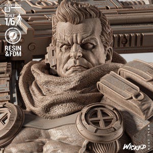 Könnte beinhalten: Eine braune 3D-gedruckte Büste im Maßstab 1/6 aus Resin und FDM, die eine Figur mit strukturiertem Schal, taktischer Ausrüstung und einer großen Waffe im Hintergrund zeigt. Die Figur weist detaillierte Gesichtszüge und runde Brustpanzer auf.