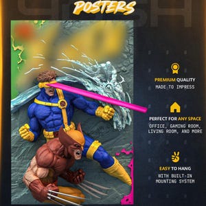 Op de afbeelding: Een wandposter met een 3D-stijl illustratie van Cyclops die een roze oogstraal afvuurt naast Wolverine met uitgestrekte klauwen en Iceman. De tekst luidt WALL POSTERS, PREMIUM QUALITY MADE TO IMPRESS, PERFECT FOR ANY SPACE en EASY TO HANG.
