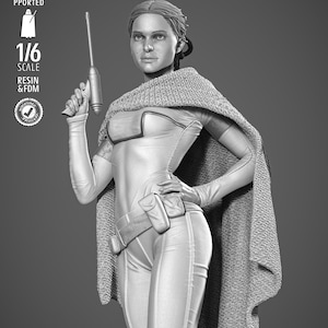 May include: A 1/6 scale resin and FDM 3D printed figurine of a character wearing a textured cape, a fitted long-sleeved top, and trousers with a utility belt. The character holds a small handheld blaster. Text on the image reads TESTED PRESUPPORTED 1/6 SCALE RESIN & FDM and SW3D PATREON.