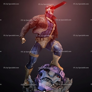 May include: A detailed figurine of a character wearing a brown jacket, blue bodysuit, and tan boots, standing on a robotic head. A bright red beam of light projects from the character's visor. The text STL by Specialstl.com appears repeatedly.