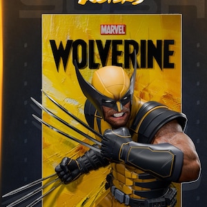 Peut inclure: Une affiche murale rectangulaire représentant le personnage Marvel Wolverine. Le personnage porte un costume jaune et noir avec un masque assorti et déploie trois longues griffes métalliques acérées de chaque main. Fond jaune texturé.