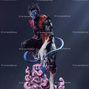 May include: A blue-skinned humanoid figurine with yellow eyes and dark hair, wearing a red and black bodysuit with white gloves and boots. The figure has a long blue tail and is posed crouching atop a base of swirling, textured pink smoke.
