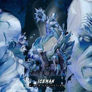 Pode incluir: Uma estatueta do Iceman em tons de azul da coleção X-Men, apresentando uma pose dinâmica central com efeitos de gelo, ladeada por dois grandes planos detalhados do rosto. O texto diz ICEMAN X-MEN COLLECTION e WICKED.