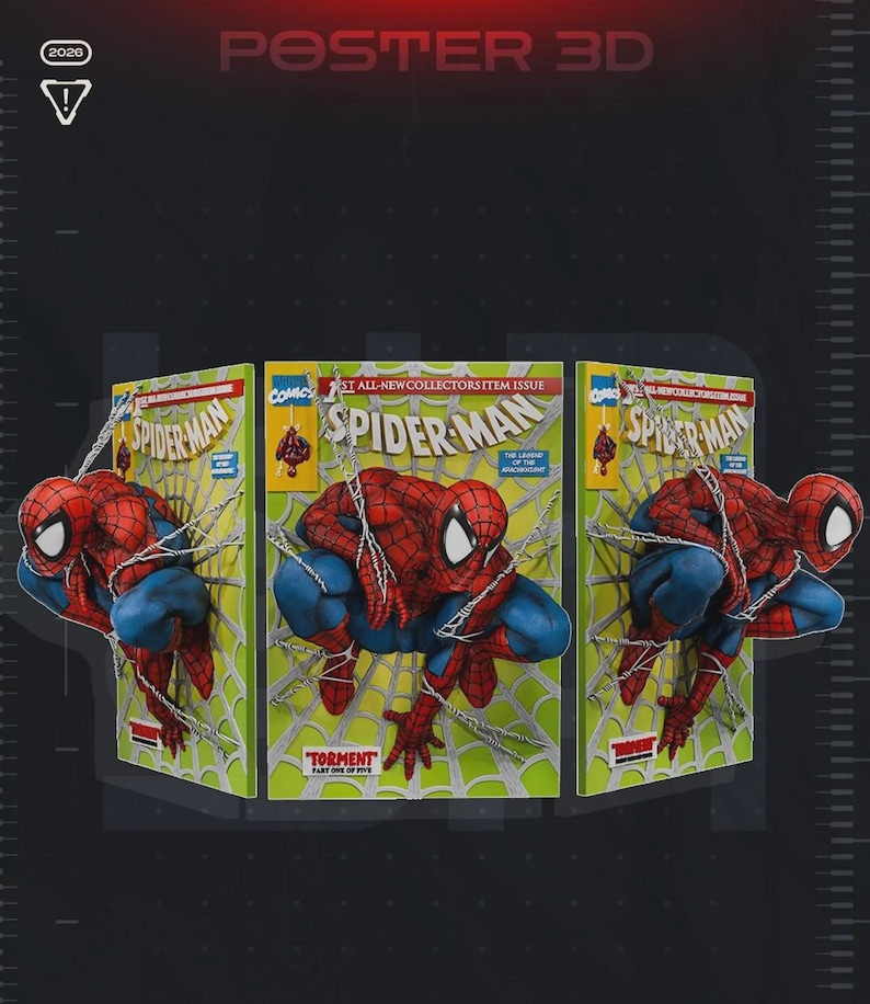 Pu&ograve; includere: Un poster da parete 3D con la copertina di un fumetto di Spider-Man. L'illustrazione mostra il personaggio in costume rosso e blu accovacciato su un motivo a ragnatela bianca su sfondo verde. Il testo recita Spider-Man, Torment Part One of Five.