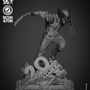 Puede incluir: Una figura monocromática impresa en 3D de resina y FDM a escala 1/6 de Wolverine en una pose dinámica con garras extendidas. El personaje se apoya en una base con el texto 20th CENTURY. La imagen incluye los textos: PRESUPPORTED, TESTED, SCALE 1/6, MINIATURES CERTIFIED, RESIN & FDM y WICKED NEXT TERM.
