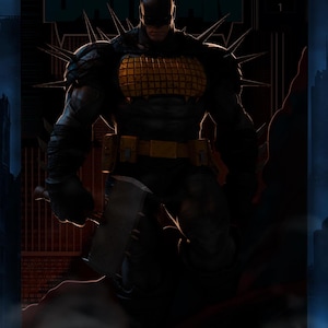 May include: A comic book cover titled Absolute Batman All In 1 featuring a dark, muscular figure in a black suit with long spikes on the shoulders, a yellow grid-patterned chest plate, a yellow utility belt, and holding a large metal axe.