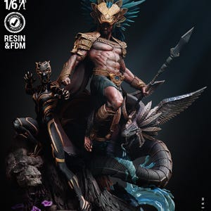 May include: A 1/6 scale resin and FDM 3D printed statue featuring a warrior in a gold feathered headdress and armor, holding a spear, standing beside a black and gold armored figure and a large winged serpent on a rocky base with purple flowers.