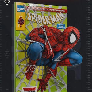 以下が含まれることがあります： マーベルコミックスのスパイダーマンの表紙をあしらった3Dポスター。赤と青のスーツを着たスパイダーマンが、明るい緑色の背景に白いクモの巣の上でしゃがんでいる様子が描かれています。テキストには「Spider-Man」、「The Legend of the Arachknight」、「Torment」と書かれています。
