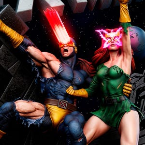 May include: A detailed collectible statue featuring two comic book characters. One figure wears a blue and yellow suit with a red optic blast emitting from their visor. The other figure has long red hair, a green dress, and a glowing pink butterfly mask.