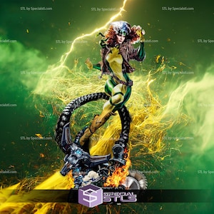 May include: A dynamic figurine of a character with voluminous brown hair featuring a white streak, wearing a yellow and green bodysuit with a brown jacket. The figure stands atop a circular mechanical base with flames and electrical energy effects.