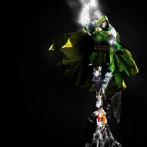 May include: A Dr. Doom May Term collectible statue featuring a character in a green hooded cloak and metallic armor, raising a hand with a lightning bolt effect. The figure stands atop a dark, jagged rock base with a gold emblem at the bottom.