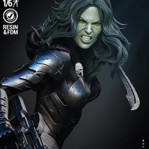 May include: A 1/6 scale resin and FDM 3D printed figurine of a green-skinned character with long dark hair, wearing black textured armor with skull accents. The character holds a futuristic rifle and a curved blade, displaying a fierce expression.