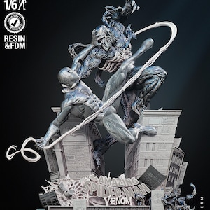 May include: A 1/6 scale resin and FDM 3D printed statue featuring Spider-Man and Venom in a dynamic combat pose atop a detailed city building base. The base includes the text The Amazing Spider-Man Venom and Marvel Comics Group.