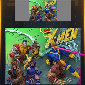 Könnte beinhalten: Ein X-Men Marvel Comics Wandbild mit den Charakteren Colossus, Rogue, Gambit, Psylocke, Cyclops und Wolverine. Die Figuren sind in einem dynamischen, dreidimensionalen Stil mit leuchtenden Farben gestaltet, inklusive eines hellgrünen Hintergrunds.
