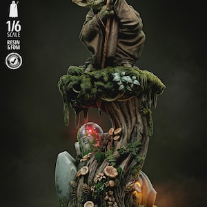 May include: A 1/6 scale resin and FDM printed figurine of Yoda leaning on a wooden cane, perched atop a mossy tree stump base. The base features a small R2-D2 droid, various mushrooms, and foliage. Text on the image includes TESTED PRESUPPORTED, 1/6 SCALE, RESIN & FDM, STAR WARS YODA, and SW3D PATREON.
