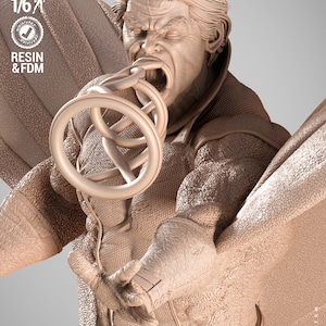 May include: A light brown 1/6 scale resin and FDM figurine of a character with wings, shouting with a circular energy effect emerging from the mouth. The figure wears a textured suit with a circular emblem on the belt and has a determined expression.