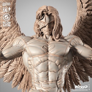 Op de afbeelding: Een ongeverfd 1/6 schaal harsfiguur van een gespierde gevleugelde figuur met lang haar en een masker. Het figuur heeft grote, gedetailleerde gevederde vleugels. Tekst op de afbeelding bevat "PRESUPPORTED", "TESTED", "SCALE 1/6", "RESIN & FDM", "WICKED" en "PATREON.COM/3DWICKED".