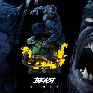 May include: A blue-furred Beast figurine from X-Men, shown in three views including a full-body pose on a green base with yellow flames and two close-up head shots with bared teeth. The text BEAST X-MEN and WICKED are visible on the image.