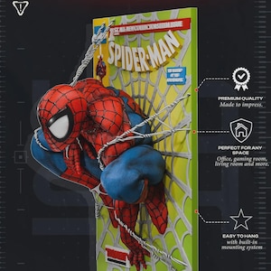 Pu&ograve; includere: Un poster da parete 3D con un personaggio di Spider-Man rosso e blu accovacciato su una ragnatela bianca su sfondo verde lime. Il testo recita POSTER 3D, 2026, SPIDER-MAN e ALL-NEW COLLECTORS ITEM ISSUE. Include icone di qualit&agrave; e montaggio.