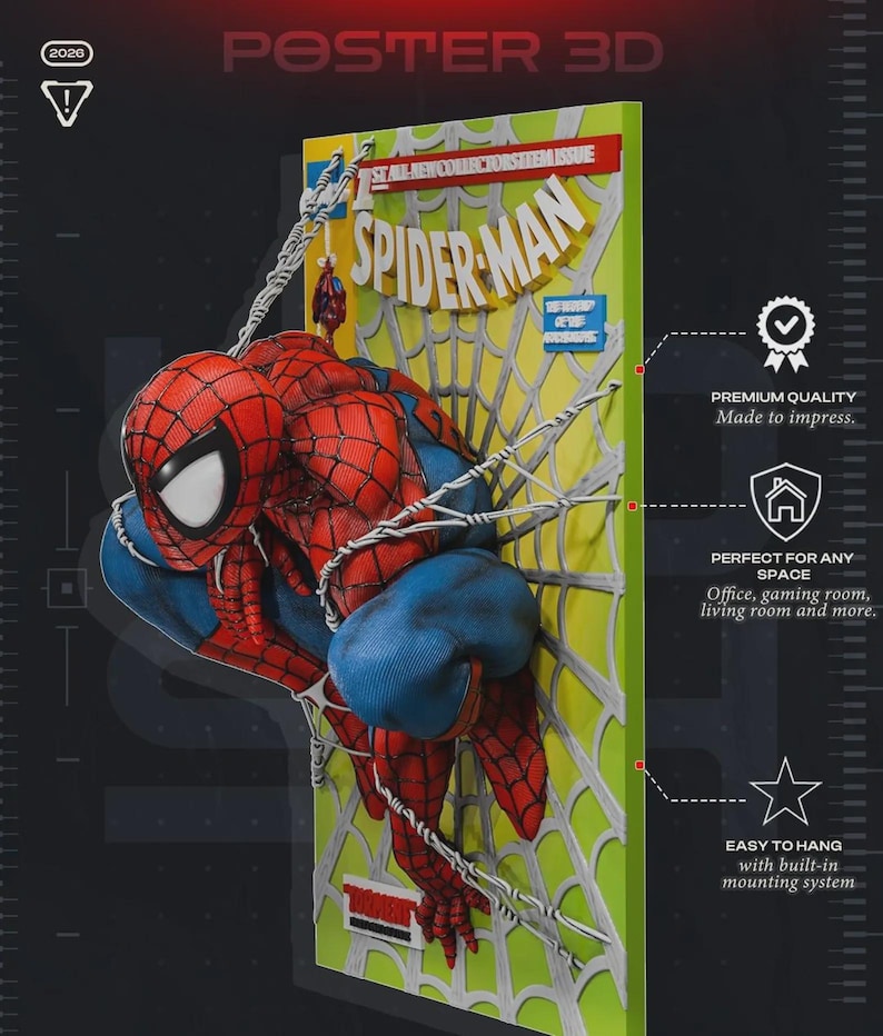 Pu&ograve; includere: Un poster da parete 3D con un personaggio di Spider-Man rosso e blu accovacciato su una ragnatela bianca su sfondo verde lime. Il testo recita POSTER 3D, 2026, SPIDER-MAN e ALL-NEW COLLECTORS ITEM ISSUE. Include icone di qualit&agrave; e montaggio.