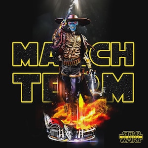 May include: A detailed figurine of a blue-skinned humanoid bounty hunter wearing a wide-brimmed hat, a brown jacket, and a belt with holsters. The character holds two blasters, standing on a fiery base. The text "MATCH TEAM" and "STAR WARS" appear.