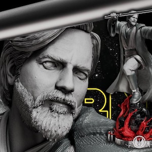 May include: A monochromatic 3D printed figurine of a bearded character in robes holding a lightsaber. The figure stands on a base with red sculpted flames and a circular emblem. The text STAR WARS 3D MODELS is visible in the bottom right corner.