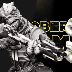May include: A monochromatic 3D figurine of a reptilian humanoid character aiming a long rifle. A plume of white smoke emerges from the barrel. The background features the yellow text OBER and the Star Wars 3D Models logo in the bottom corner.