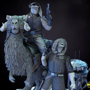 May include: A monochromatic 3D printed figurine set featuring a Rebel soldier riding a Tauntaun, a standing soldier in a hooded parka, and a small spherical droid. The base includes the text Star Wars 3D Models in the bottom right corner.