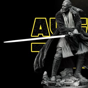 May include: A detailed monochrome statue of a bearded figure with long hair, wearing a textured robe and boots, standing on a rocky base. The figure holds a long, glowing white lightsaber horizontally. The background features large yellow text.