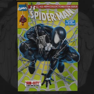 May include: A Marvel Comics Spider-Man comic book cover featuring a black-suited Spider-Man crouching against a light green web background. The text reads 13th All-New Collectors Item Issue, The Legend of the Black Knight, and Sub-City Part One of Two.