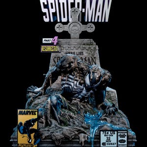 Puede incluir: Una figura coleccionable que representa a Spider-Man emergiendo de una tumba de piedra marcada 'HERE LIES SPIDER-MAN'. La base incluye un letrero 'PART 4 RESURRECTION', un logo de Marvel y una etiqueta de precio de 75 centavos US con fecha NOV 32.