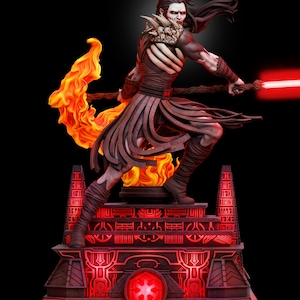May include: A detailed figurine of a pale, dark-haired warrior with skeletal chest armor, wearing a brown wrap skirt and leg wraps. The figure holds a staff with a bright red light blade and orange flames, standing on a glowing red tiered base.