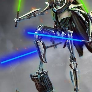May include: A General Grievous figurine featuring a metallic skeletal frame, a dark cape, and four arms holding two glowing green lightsabers and two glowing blue lightsabers. The figure stands on a detailed base with the text Grievous at the bottom.