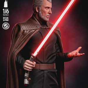 May include: A 1/6 scale resin and FDM figure of an older man with grey hair and a beard, wearing a dark tunic and a brown cape. The figure holds a glowing red lightsaber in one hand. Text on the image includes TESTED PRESUPPORTED, 1/6 SCALE, RESIN & FDM, and SW3D PATREON.