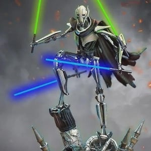 May include: A General Grievous action figure standing on a debris-filled base with the name GRIEVOUS printed on the front. The cyborg character features a metallic body, a dark cape, and four arms holding two glowing green and two blue lightsabers.
