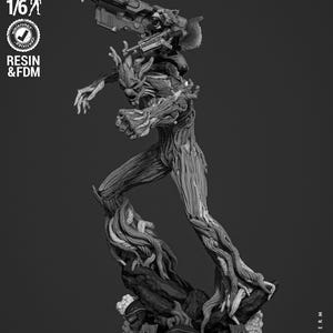 May include: A 1/6 scale resin and FDM 3D printed figure of a tree-like creature with a raccoon character riding on its shoulders. The raccoon holds a large rifle with smoke effects. The base features rocky textures and mechanical details.