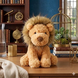 May include: A plush lion toy with soft tan fur, a dark brown nose, and a thick, shaggy brown mane. The stuffed animal is seated in an upright position, featuring round ears and dark, bead-like eyes, crafted from textured fabric with a realistic appearance.