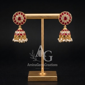 Antike Kundan-Ohrringe aus Gold, traditioneller indischer Schmuck, festlicher Hochzeitsschmuck, Geschenk für Sie, rote Jhumkas mit Kemp-Stein, AG-3