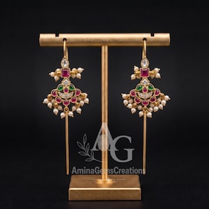 Kundan-Nadelohrringe, vergoldete Kronleuchterohrringe mit Perlenanhängern, Brautohrringe, traditioneller indischer Schmuck, Hochzeitsschmuck, AG-6