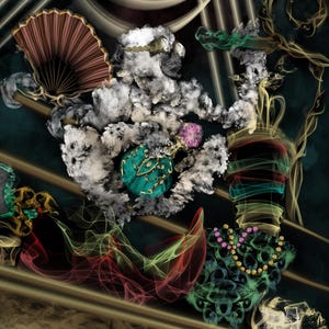 May include: A digital art composition featuring a central teal perfume bottle surrounded by swirling white smoke, a brown folding fan, and abstract wisps of green, red, and gold smoke. The text Platinum Dragon Smoke Art is visible at the top.